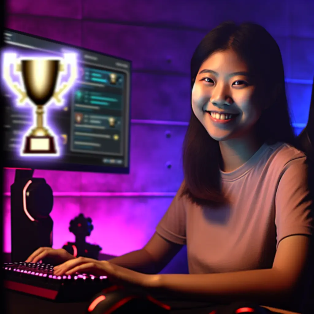 Gracz e‑sportowy świętujący sukces przed stanowiskiem gamingowym z neonowym podświetleniem.