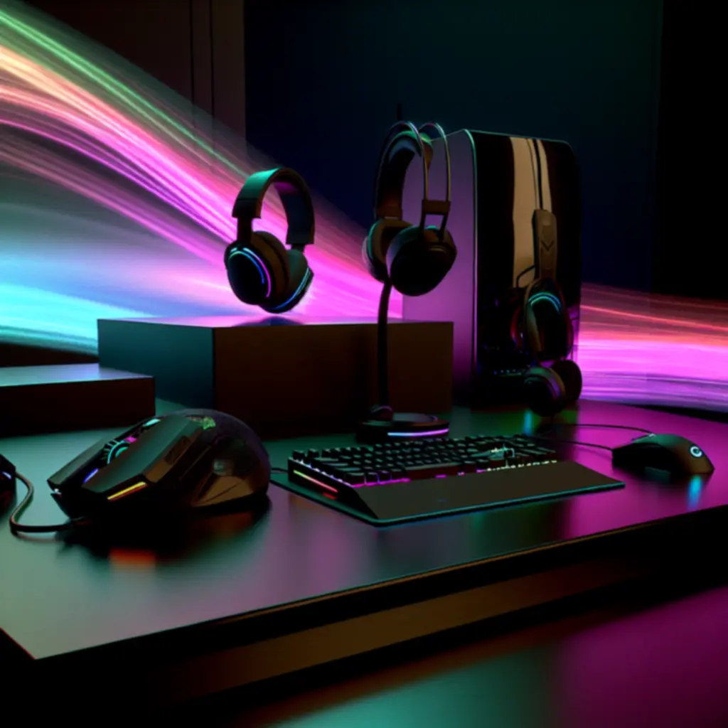 Zestaw profesjonalnego sprzętu e‑sportowego: myszka, klawiatura, słuchawki i monitor na ciemnym, neonowym tle.