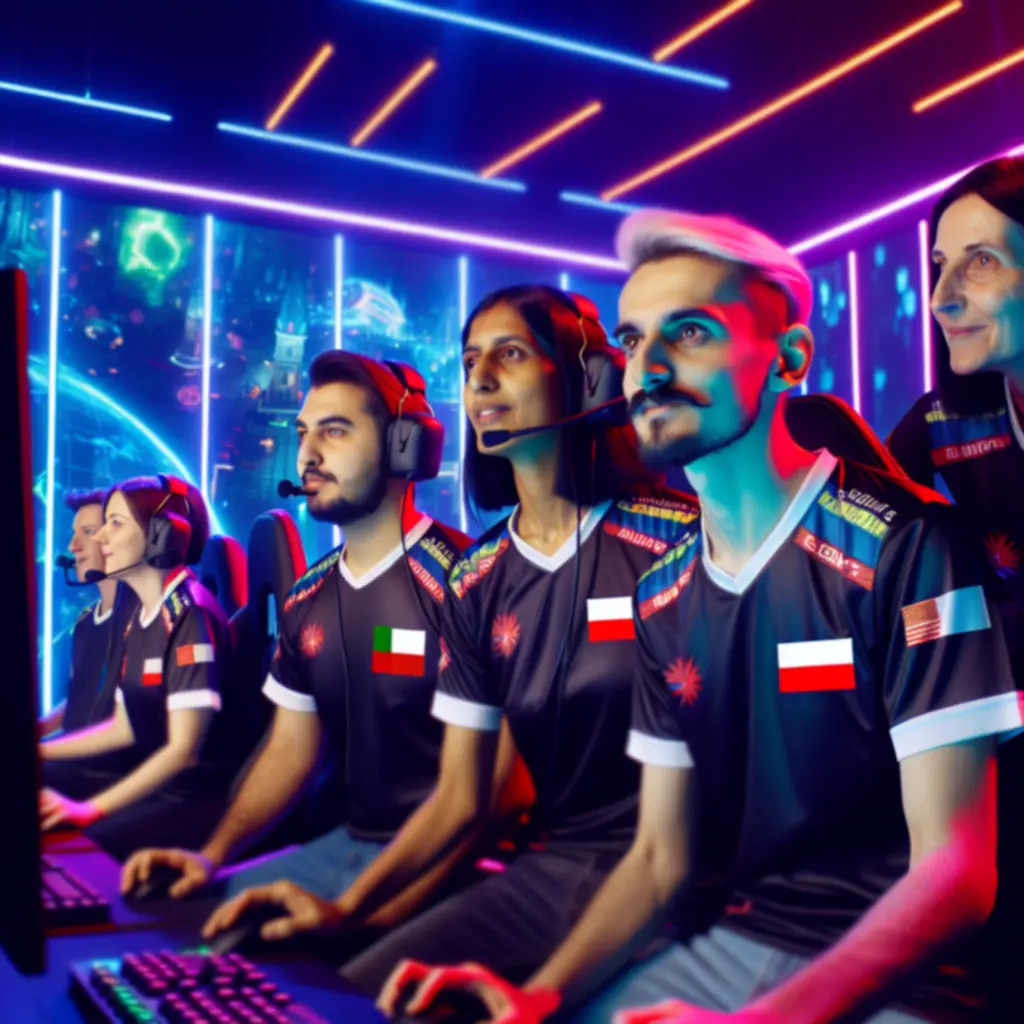 Drużyna e‑sportowa podczas meczu na scenie, skoncentrowana przed monitorami w neonowym oświetleniu.