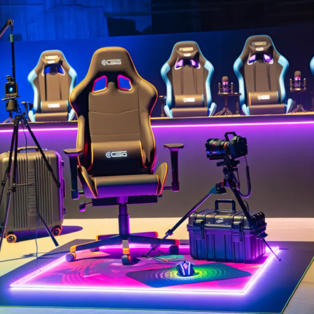 Stanowisko e‑sportowe na turnieju z fotelem, podkładką, sprzętem streamingowym i zestawem gamingowym.