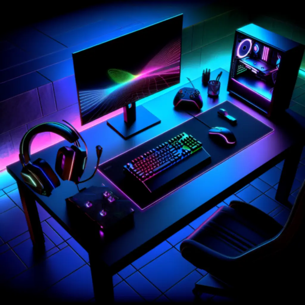Zestaw akcesoriów gamingowych na ciemnym, neonowym biurku