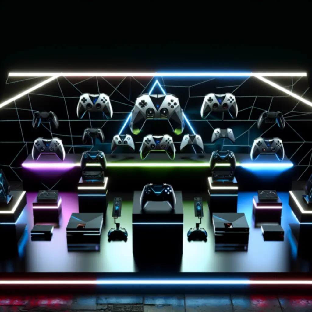 Nowoczesna konsola do gier na tle futurystycznego, neonowego interfejsu