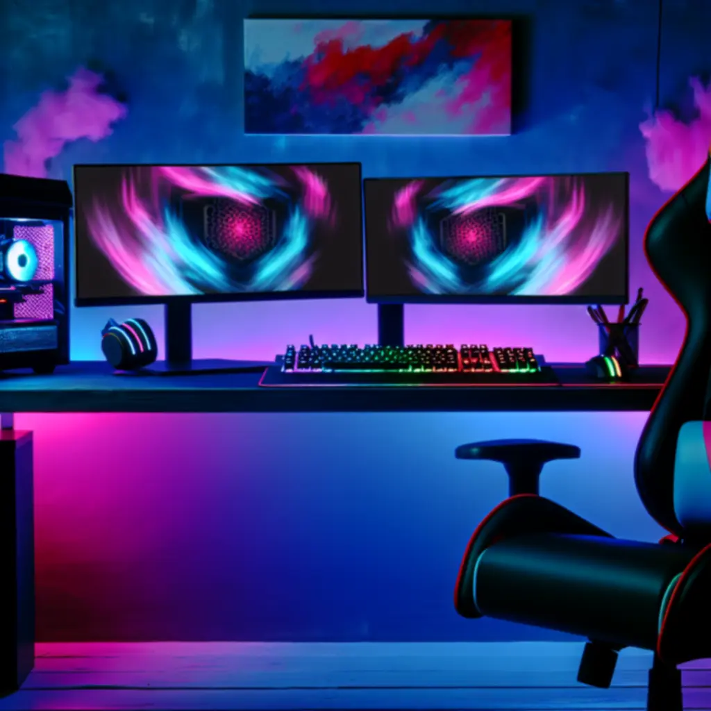 Nowoczesne stanowisko gamingowe z podświetleniem RGB przedstawiające styl Polviion